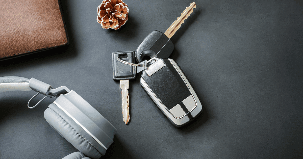 Driving: A set of grey keys on a grey background next to a pine cone and grey headphones