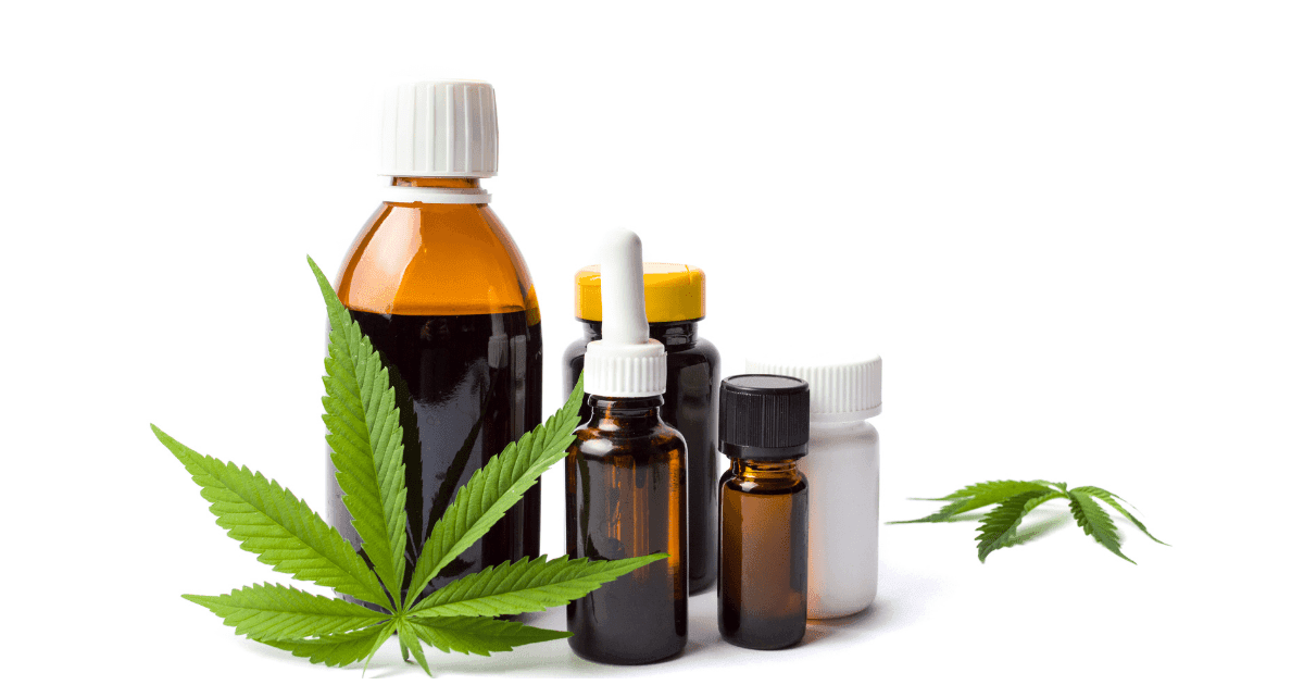 Treatment-resistant stuttering: A cannabis leaf lies in front of a brown glass bottle with other medical bottles with white lids contain CBD oil