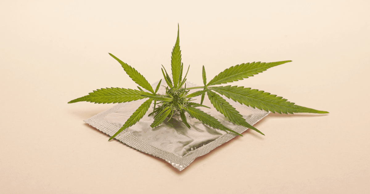 Sexual Health Awareness Week: A condom in a silver foil wrapper with a cannabis leaf on top of it