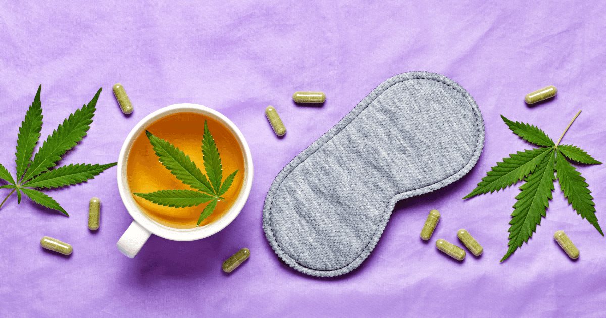 Insomnia: A sleep mask, cannabis leaves, capsules and a cup of tea with a cannabis leaf sit on a purple duvet