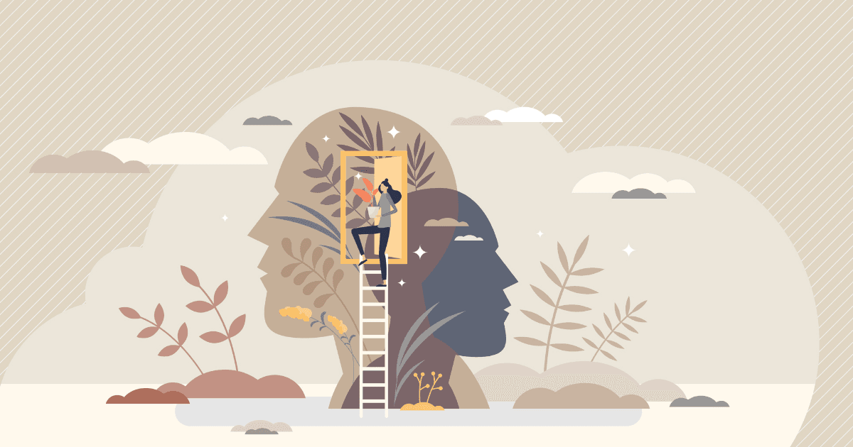 ASD: An illustration of two heads in brown and grey with a person on a ladder leading to their thoughts.