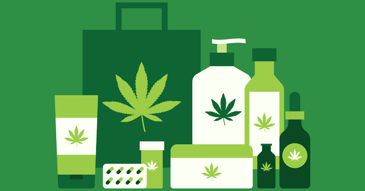 CBD: An illusrated collection of CBD products including oils, balms and capsules