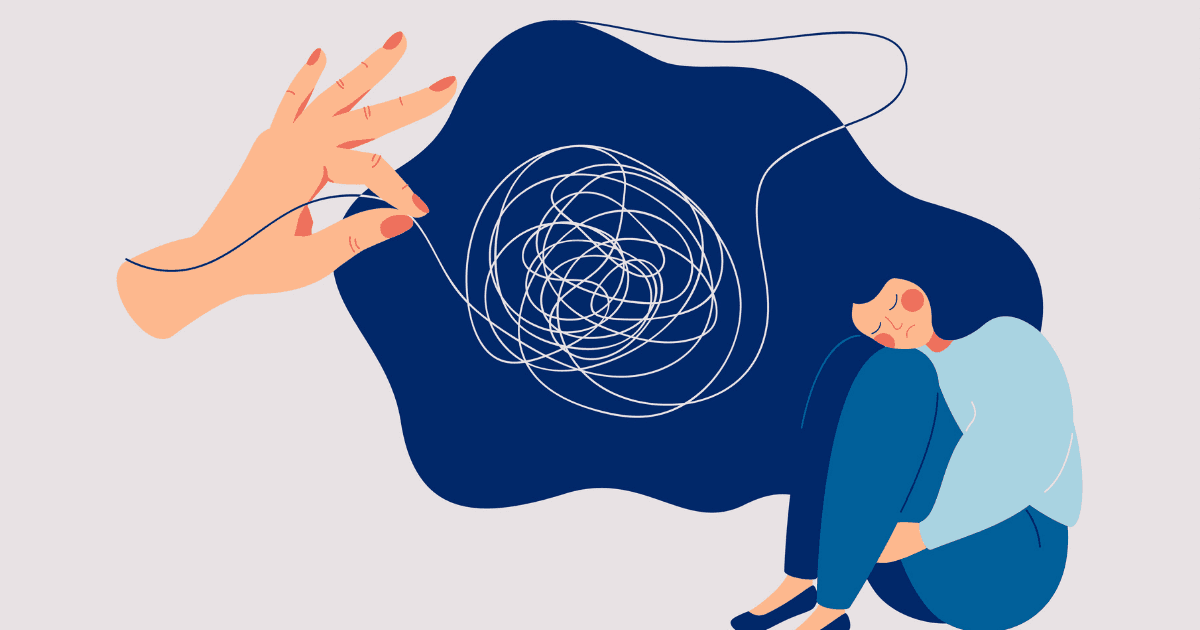 Blue Monday: A woman sitting on the floor with a jumble of thoughts.