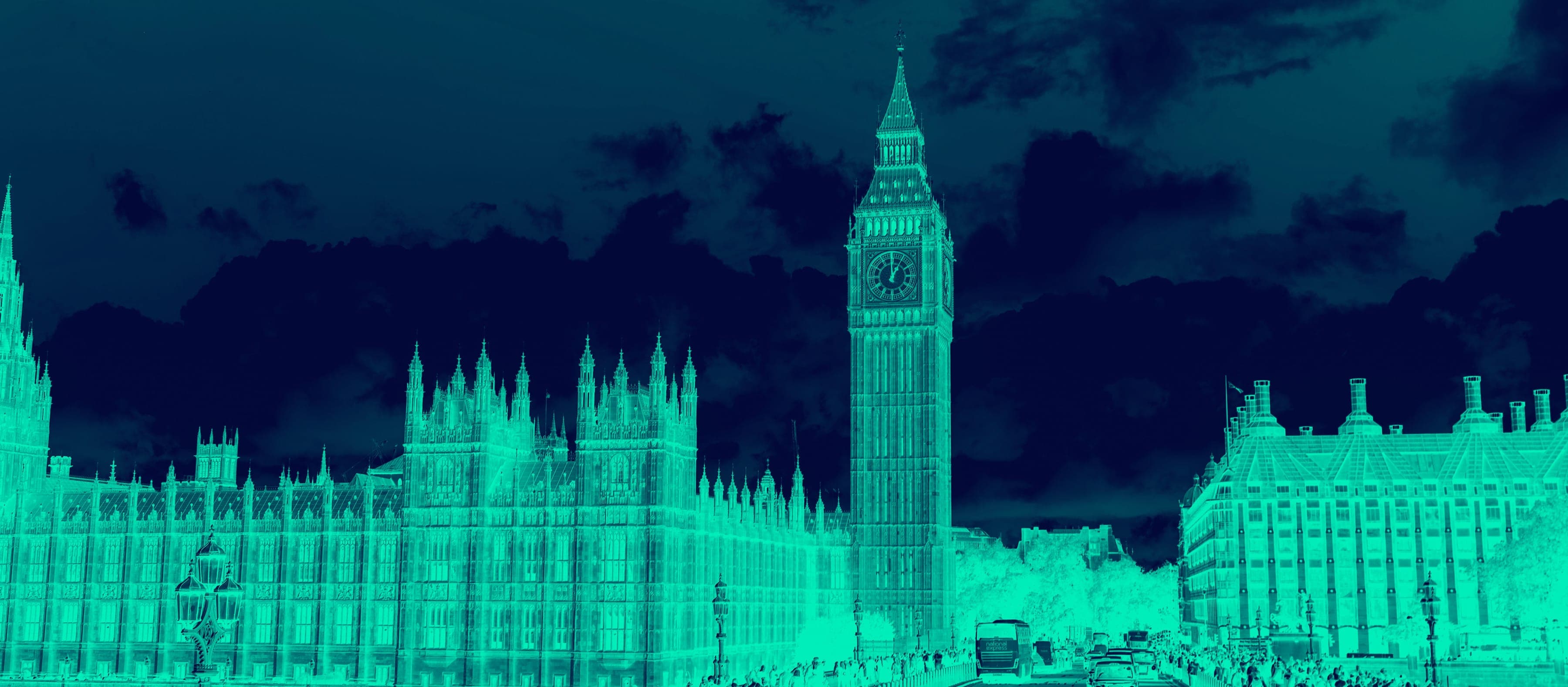 The Houses of Parliament and Elizabeth Tower (Big Ben), in the Cannabis Health mint duotone.