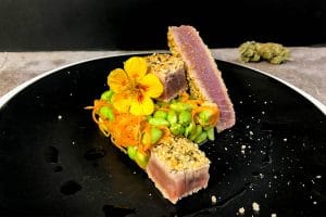 Yellowfin tuna with hemp seed crust