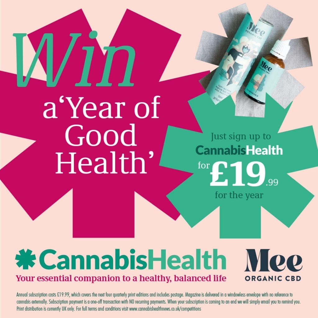 Emigration: A pink banner advertising a competition for cannabis health and MEECBD