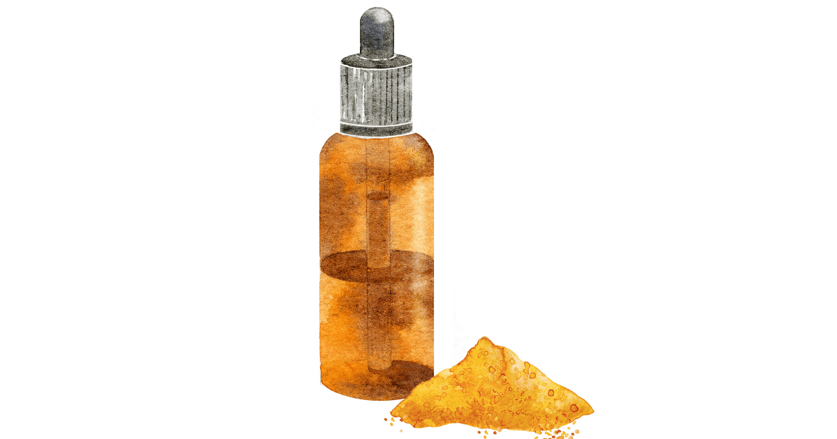 CBD and tumeric as a cartoon: A brown bottle of CBD next to a yellow spice powder