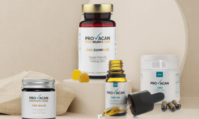 Provacan: four bottles of CBD products on a beige background. A cbd oil dropper lies on its side