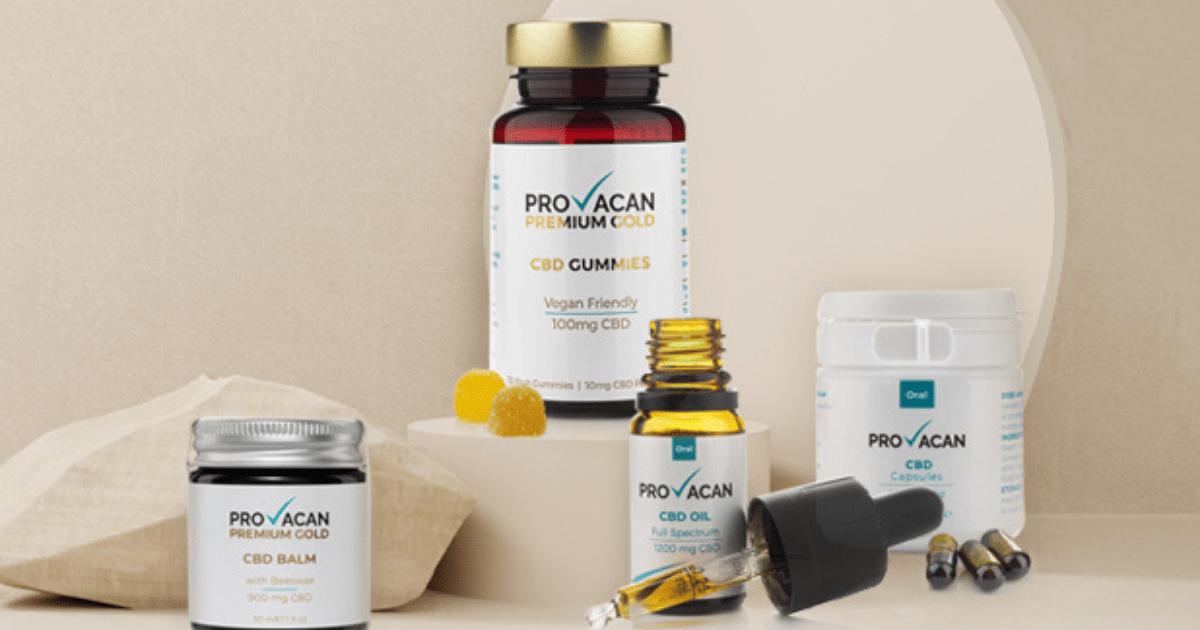 Provacan: four bottles of CBD products on a beige background. A cbd oil dropper lies on its side