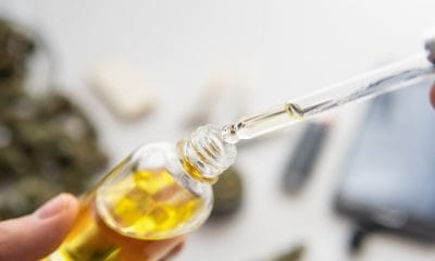 Fibromyalgia: A cbd oil bottle containing yellow oil has a dropper being placed into it