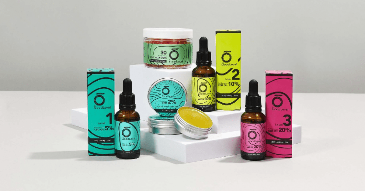 The Good Level: A collection of products from CBD company, the good level on a grey background