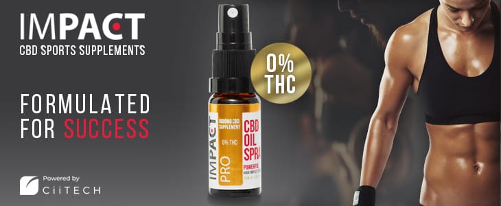 Athlete: A banner advert for IMPACT CBD showing a bottle of CBD oil and a torso of a woman
