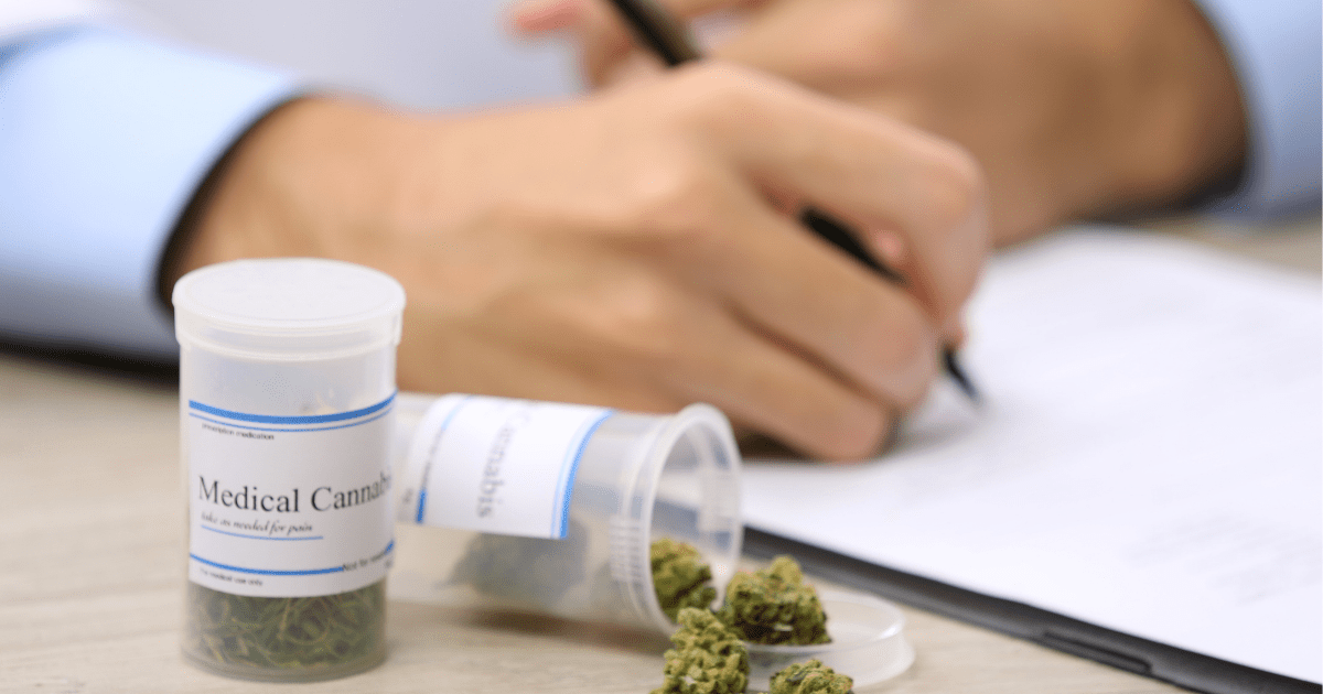 GROW: A doctor writing a medical cannabis prescription with an open canister of cannabis beside their hand