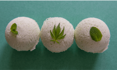Skin: Three bath bombs with cannabis leaves on a blue background