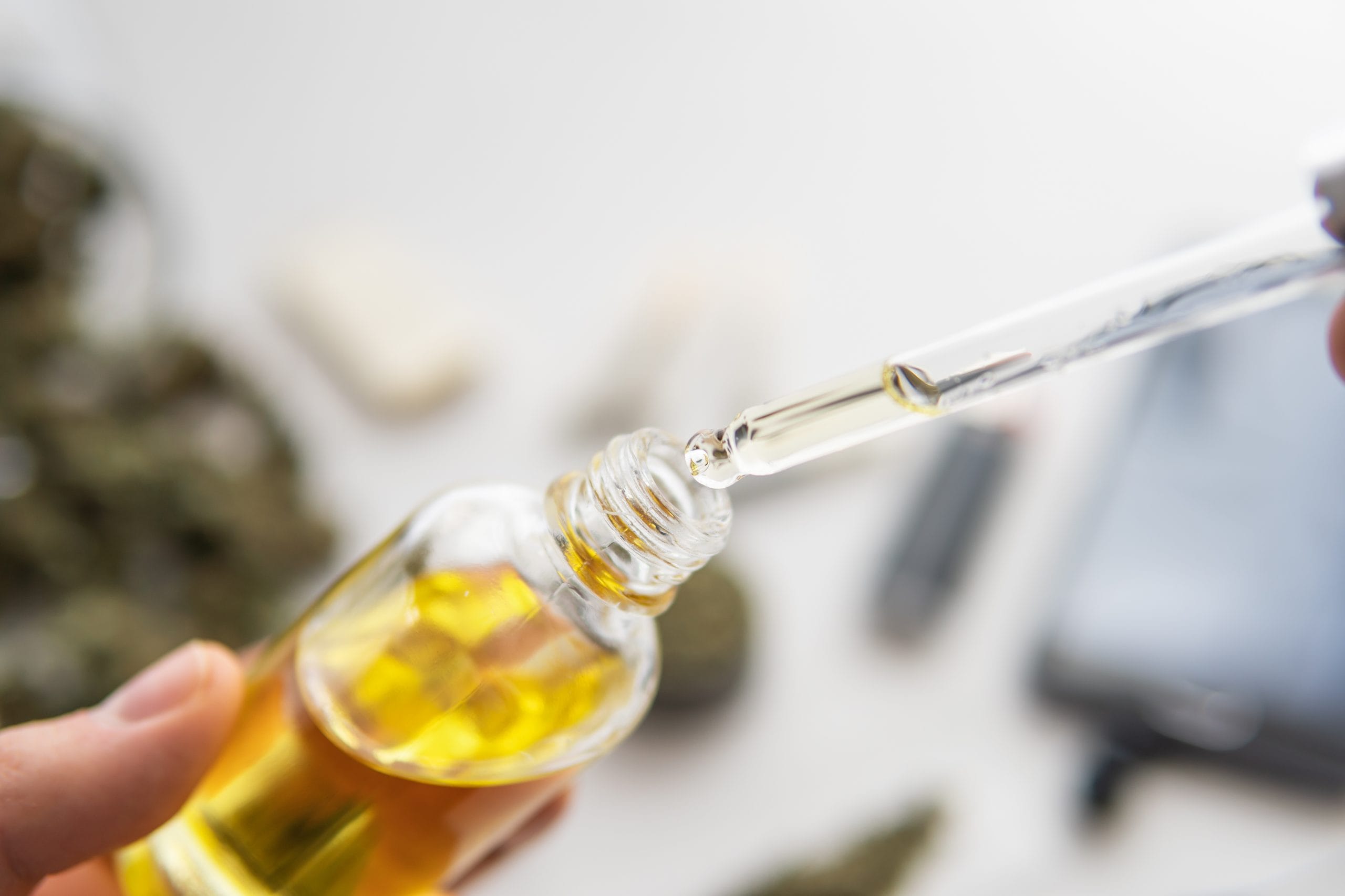 Cannabinoids: A person using a dropper to draw oil from a bottle