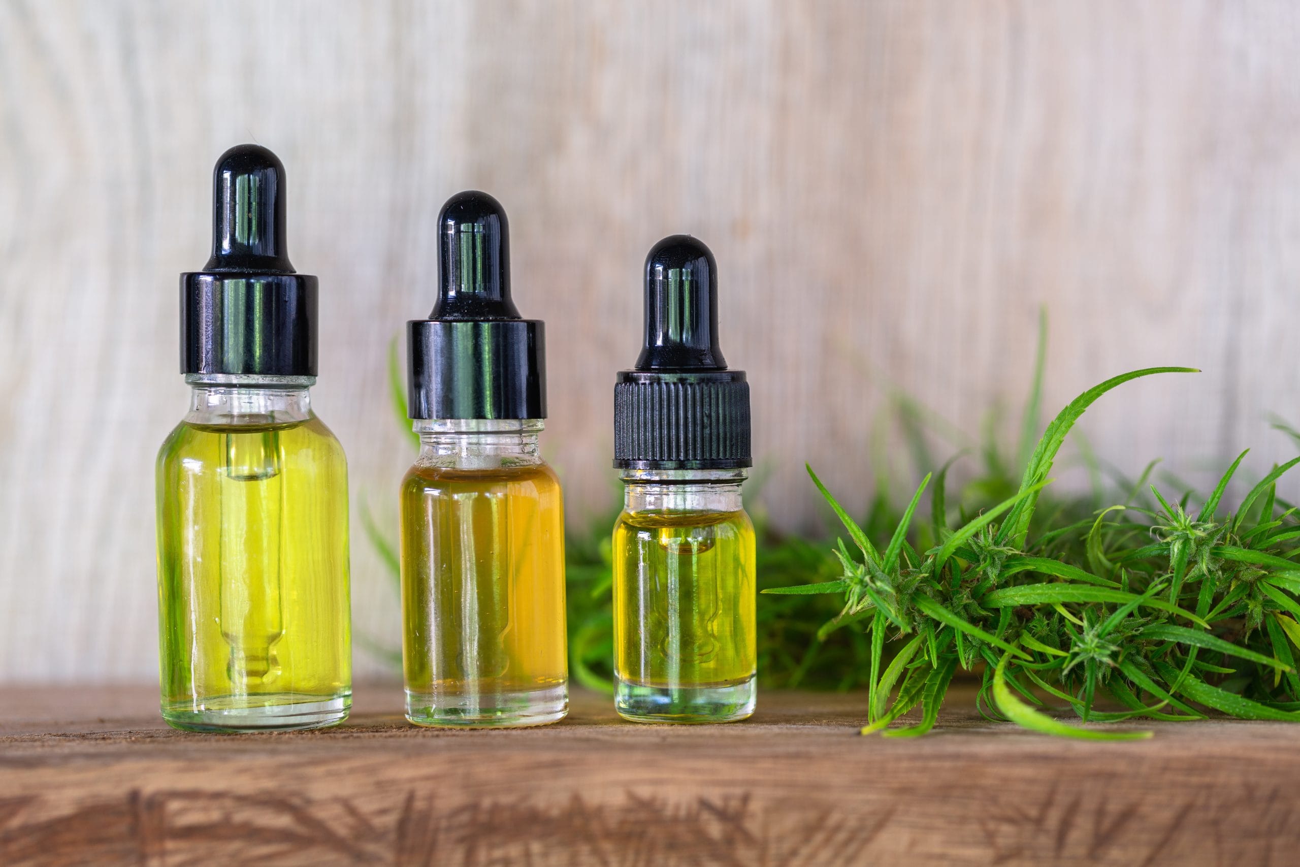 Fibromyalgia: A row of three bottles of oil sitting on a shelf with a cannabis plant in the background