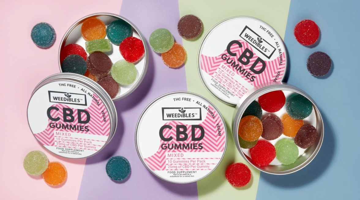 Weedibles: A selection of brightly coloured gummies in tins