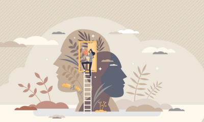 ASD: An illustration of two heads in brown and grey with a person on a ladder leading to their thoughts.