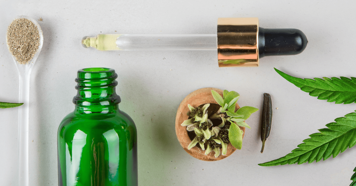 Fibromyalgia: A collection of CBD products and cannabis leaves