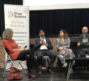 (From left) Host Mary Biles, Dr Niraj Singh and Katya Kowalski at the UK cannabis patient conference 